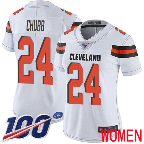 Cleveland Browns Nick Chubb Women White Limited Jersey #24 NFL Football Road 100th Season Vapor Untouchable->women nfl jersey->Women Jersey